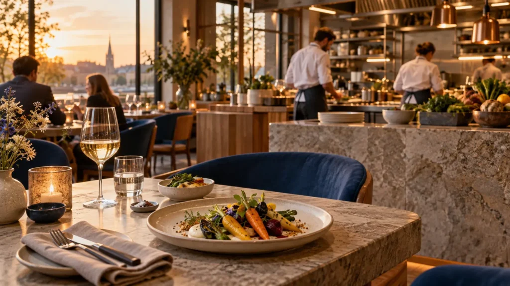 Restaurant contemporain avec cuisine ouverte et assiette de légumes de saison